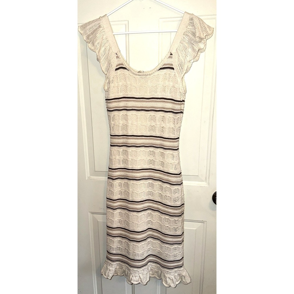 Freshman 1996 Crochet Knit Dress Size S Ruffle Sleeve Striped Midi Cream Brown